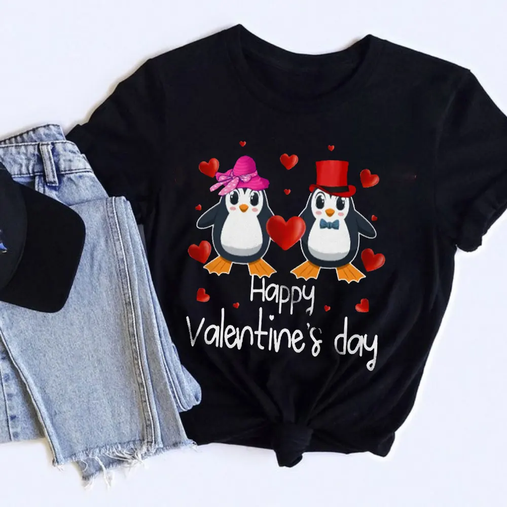 

Happy Valentine's Day Lady Shirt Cute Cool Valentine Hearts Couple Penguin Animal T-Shirt High Quality Cotton Tops Short-sleeve
