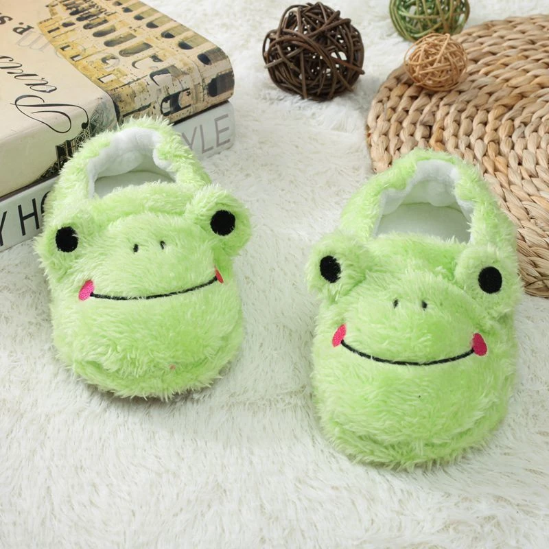 Toddler Boy Slippers Cartoon Frog Plush Warm Shoe Little Kid Winter House Shoes Soft Rubber Sole Home Indoor Footwear Baby Items