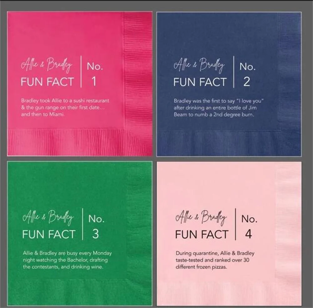 50PCS Fun Fact Calligraphy Custom and Personalized Wedding, Engagement or Rehearsal Dinner Beverage Cocktail Napkins