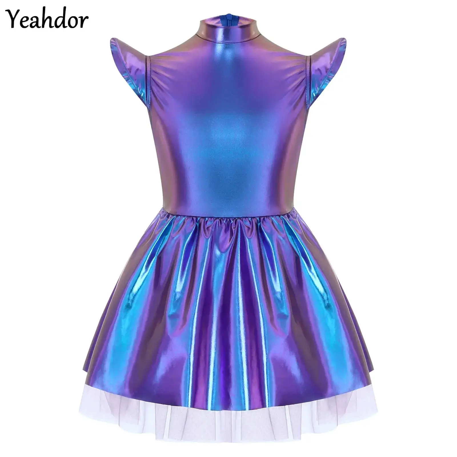 

Girls Anime Alien Robot Costume Halloween Outerspace Cosplay Metallic Shiny Flare Sleeve Zipper Ruffle Tutu Dress Fancy Dress Up