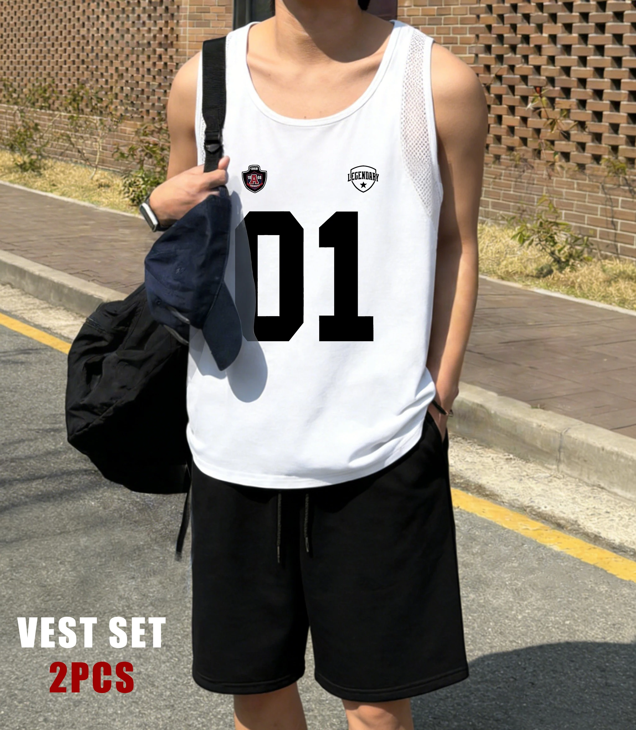 

Two National Emblems And The Number 01 Men Reticular Vest Set Breathable Shorts O-Neck Streetwear Fashion Summer Male Sportset