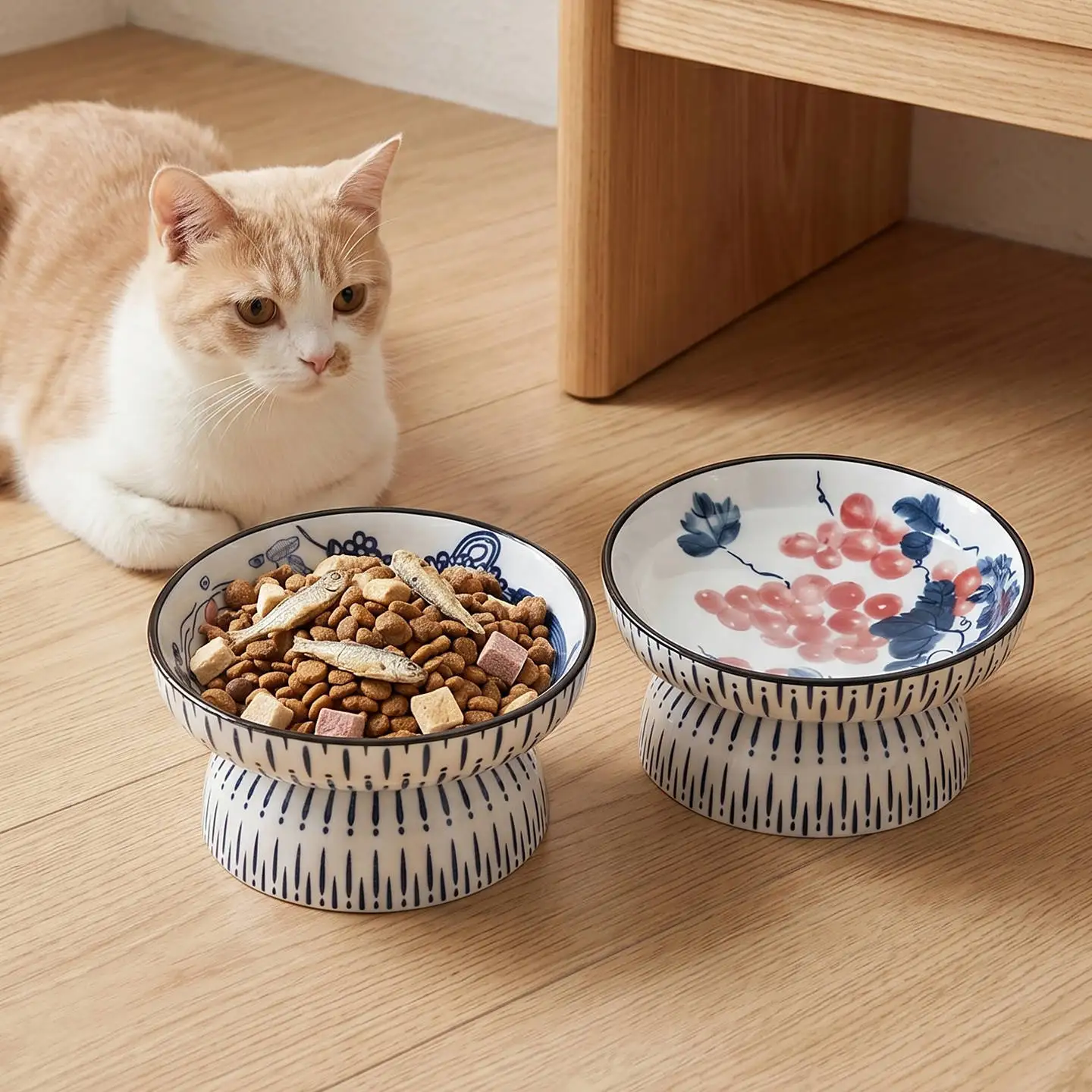 Cute Tilted Elevated Ceramic Pet Bowl Chinese Blue White Fish Pattern Raised Cat Dog Feeding Bowl Anti Vomiting Food Water Dish view 3