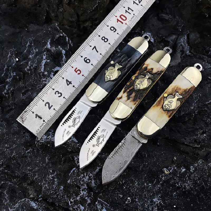 EDC, high-quality minnows mini antler folding, Damascus steel, outdoor knife pocket knife, handy pocket knife