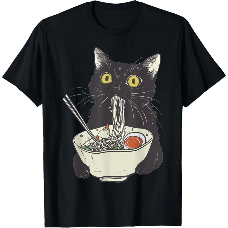 Funny Cat Pattern T-Shirt For Women Food Noodles 3D Printed Short Sleeves Summer Leisure Tees Round Neck T Shirts Loose Tops