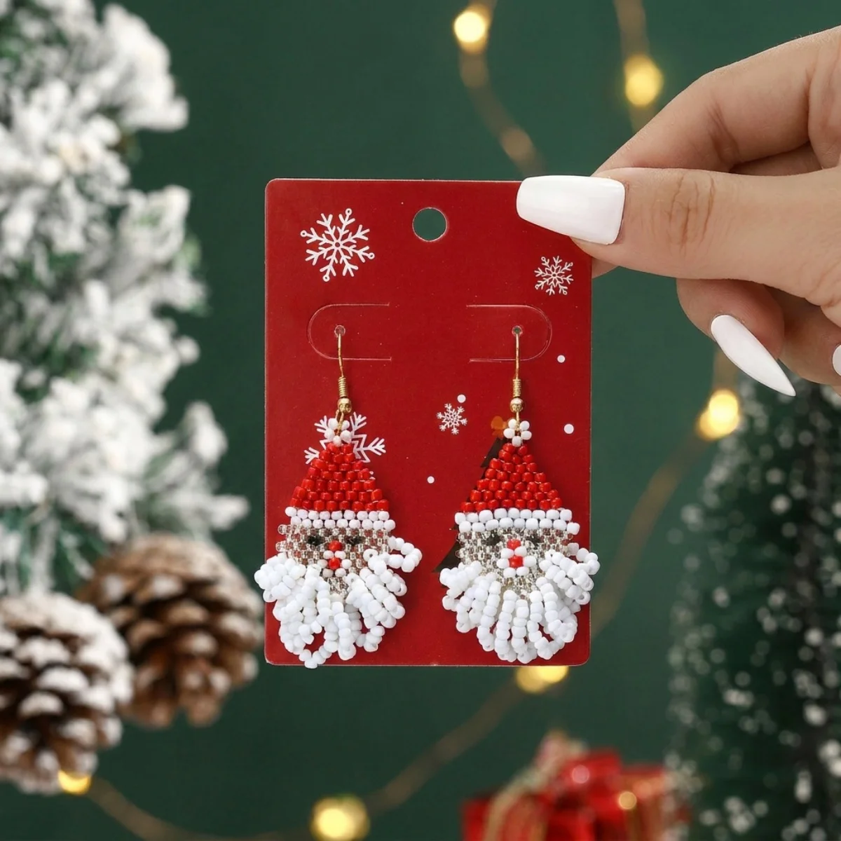 Weihnachtliche Ohrringe in Form eines Hauses mit Reisperlen für Damen, bunte Perlen, Weihnachtsmann, Rentier, Schneeflocke, Baum, Schleifen-Ohrringe, Schmuck. – Detail 35