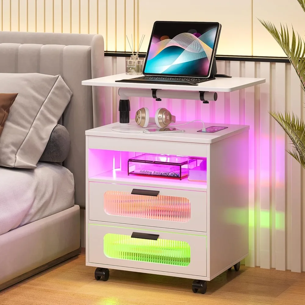 

LED Nightstand with Wireless Charging Station, Modern Bed Side Table with RGB Dazzling Lights,with Adjustable Rotary Table