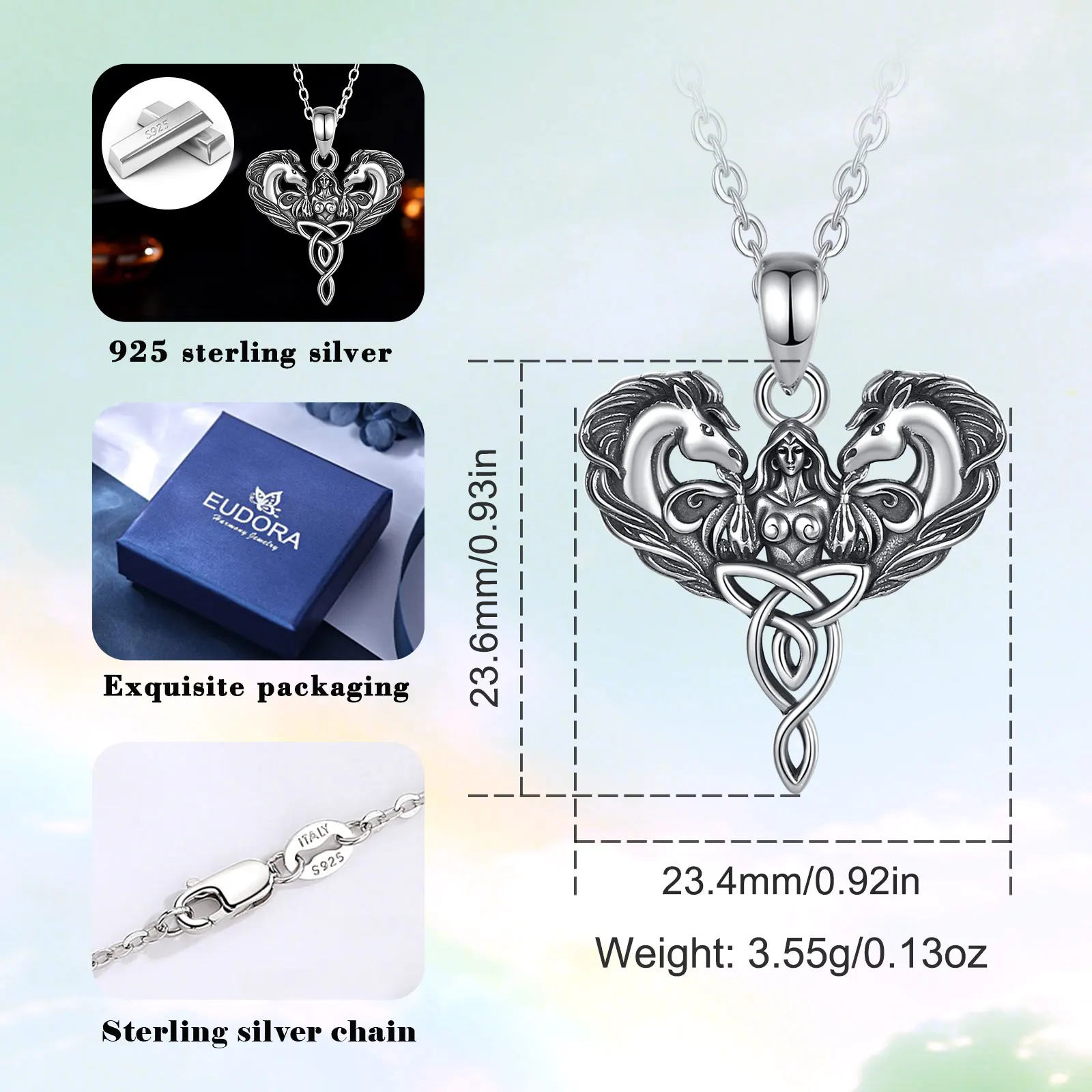 Eudora 925 Sterling Silver Celtic Horse Girl Pendant Goddess Trinity Knot Necklace Pagan Spiritual Jewelry Gift for Women Men
