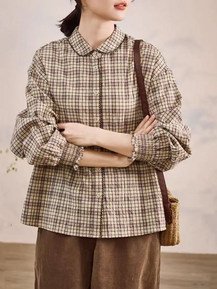 

Художественный цветной тканый длинный све irt кукольный воротник в клетку irt женский свободный крой дышащий тонкий осенний новый Sle повседневный irt