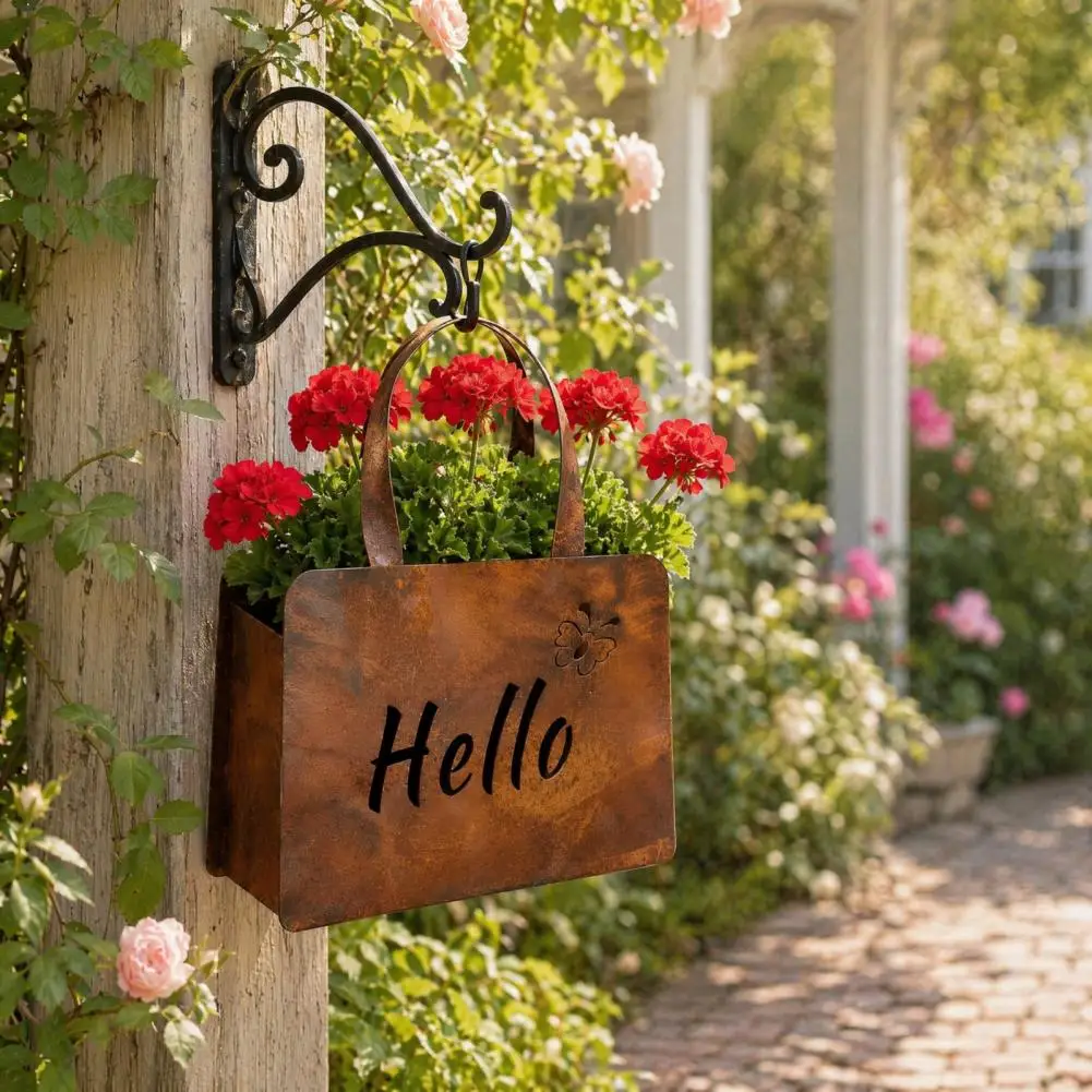 Farmhouse Garden Planter Dual-sided Welcome Planter Rustic Metal Handbag Planter with Double-sided Hello Welcome Signs Farmhouse