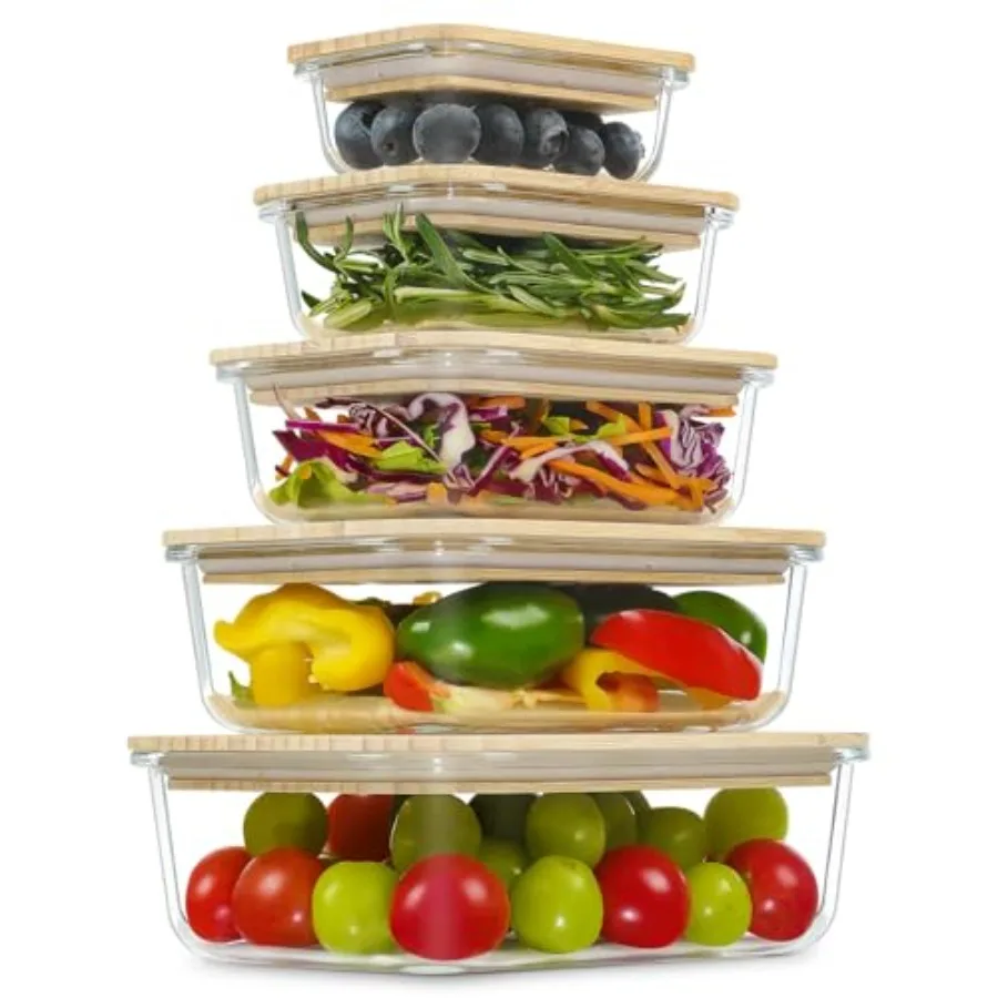 

Стеклянные контейнеры с бамбуковыми крышками, набор для хранения продуктов, 5 штук, органайзер для кухни и кладовой, подходит для микроволновой печи