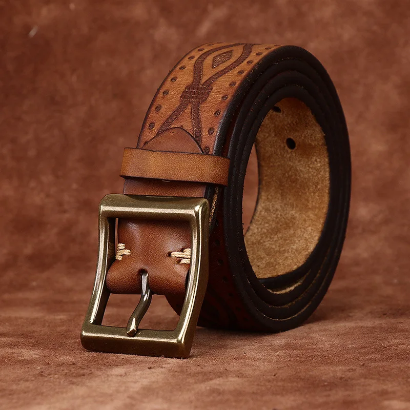 Personalized Trendy Embossed Luxury Design Thickened Top Layer Cowhide Belt Men's Genuine Leather Copper Buckle Jeans Belts