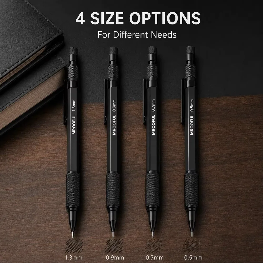 Metal Mechanical Pencil 0.5/0.7/0.9/1.3mm Low Center of Gravity Automatic Pencils with Built-in Eraser Drawing Prencil Gift