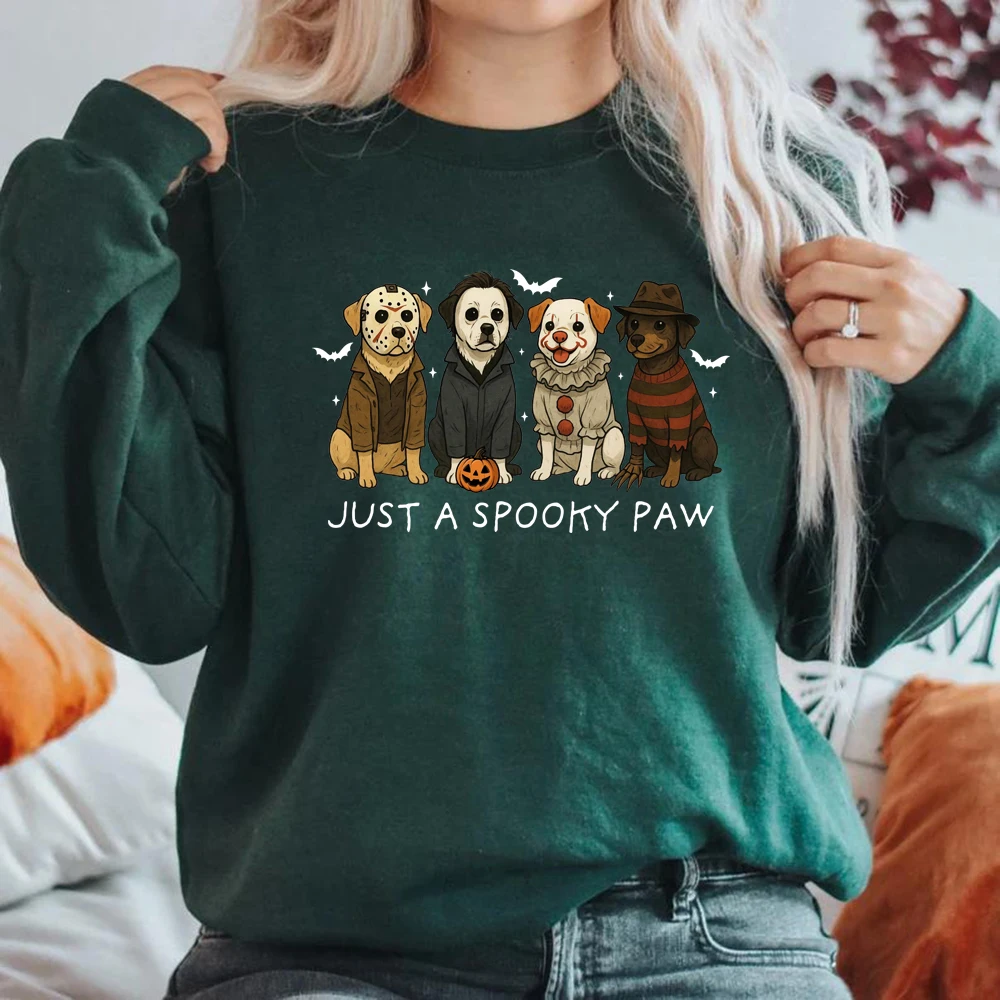 Just A Spooky Paw Sweatshirt Fun Halloween Dog Graphic Hoodies Unisex Long Sleeve Sweatshirts Halloween Horror Dog Hoodie Tops