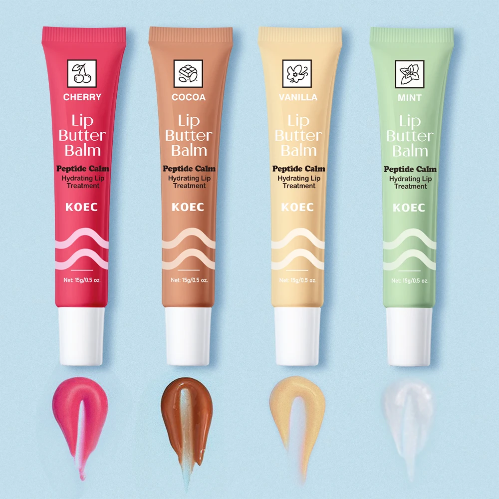 Juego de brillo de labios de cuatro sabores: bálsamo de mantequilla de labios tranquilo peptídico (cereza/menta/cacao/vainilla), mantequilla para reparación de labios secos, húmedo no pegajoso
