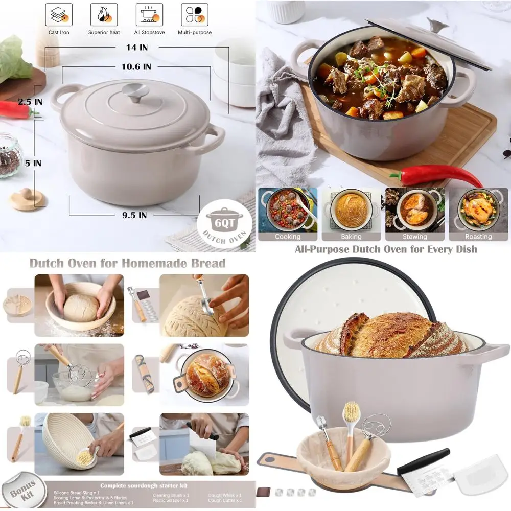 

6-Quart Enamel Cast Iron Dutch Oven with Basting Lid for Sourdough Bread and Casserole Cooking, Heavy-Duty Pot with Dual Handles