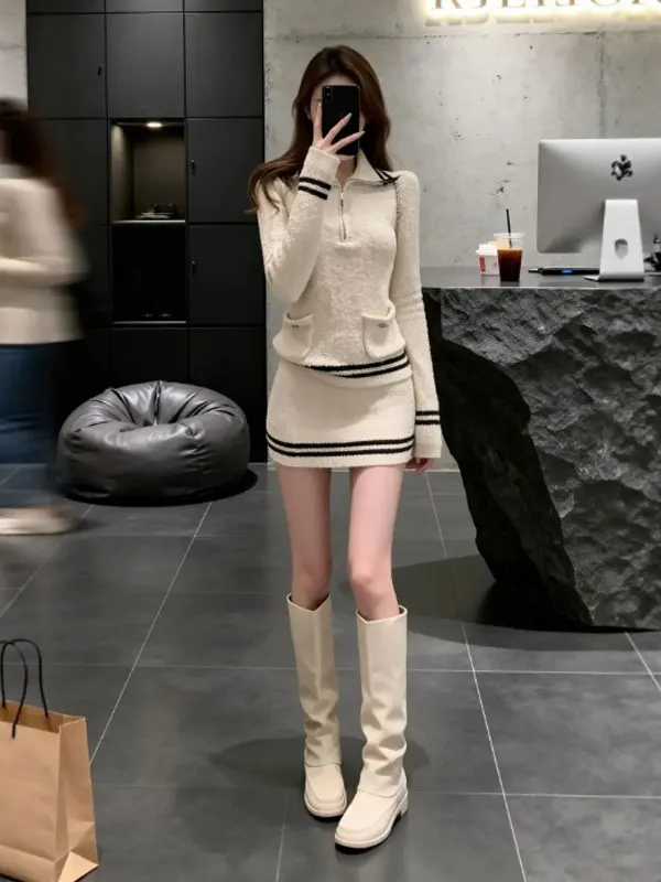 

Комплект из мягкой вязаной кофты и юбки в корейском стиле, антивозрастной, для зимы, комфортный, длинный рукав, на 25 лет