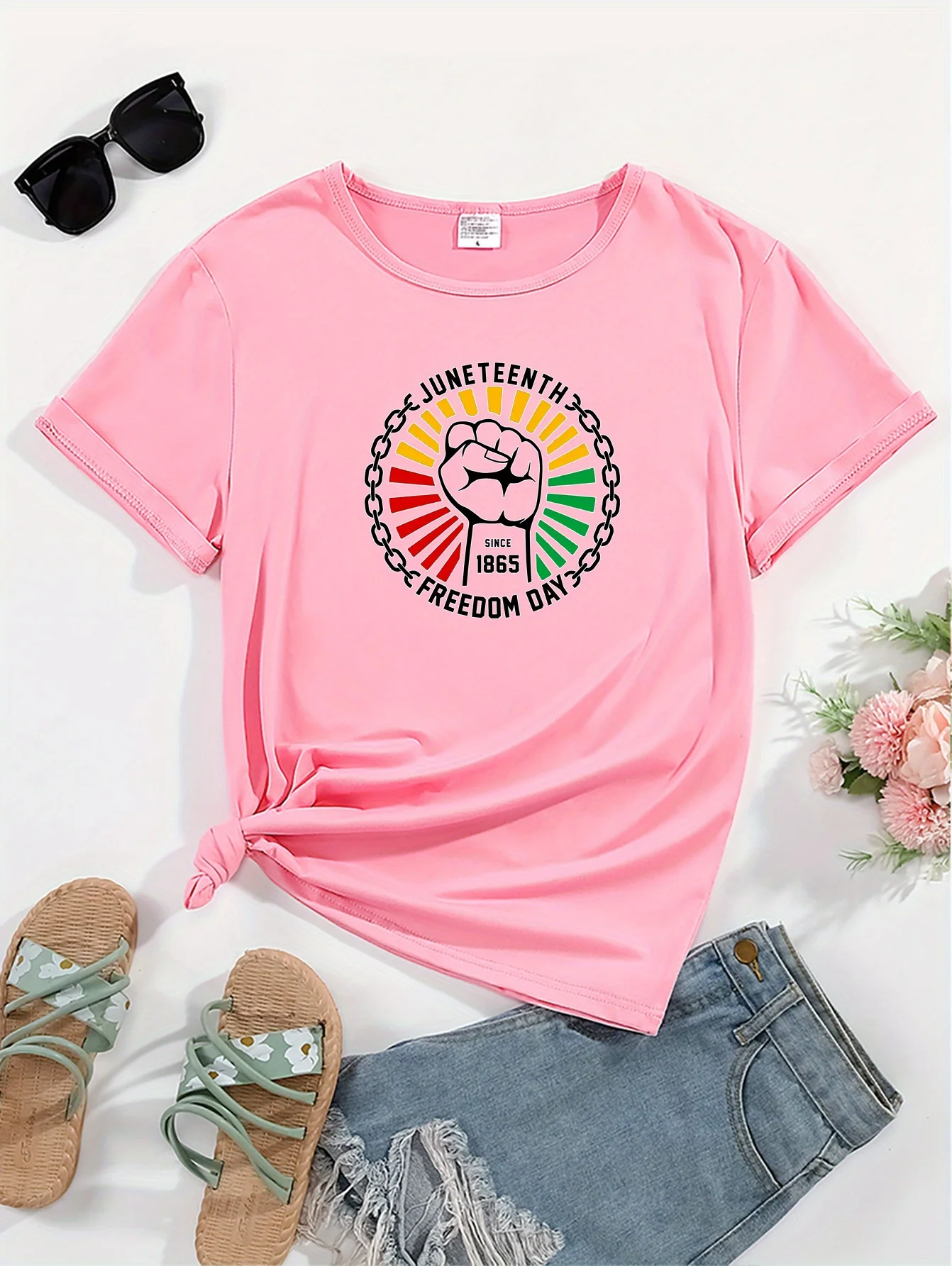 Juneteenth Freedom Day Graphic Crew Neck Sports Tee, Round Neck Short Sleeves Casual T-shirt, Women's Activewear