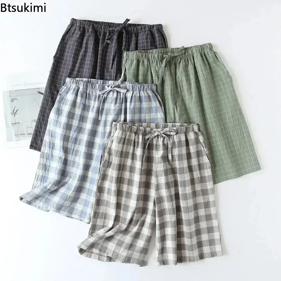 2025 Men's Sleepwear Pajama Shorts Plaid Design Cotton Casual Loose Double-layer Homewear Sleep Bottoms Male Home Pants Shorts