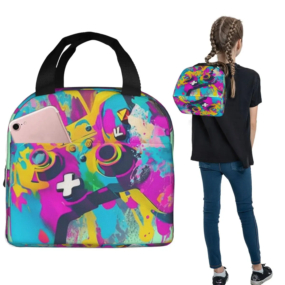 Colorful Graffiti Abstract Gamer Gamepad Insulated Lunch Bag for Women Children Portable Food Boxes Thermal Lunch Box Tote