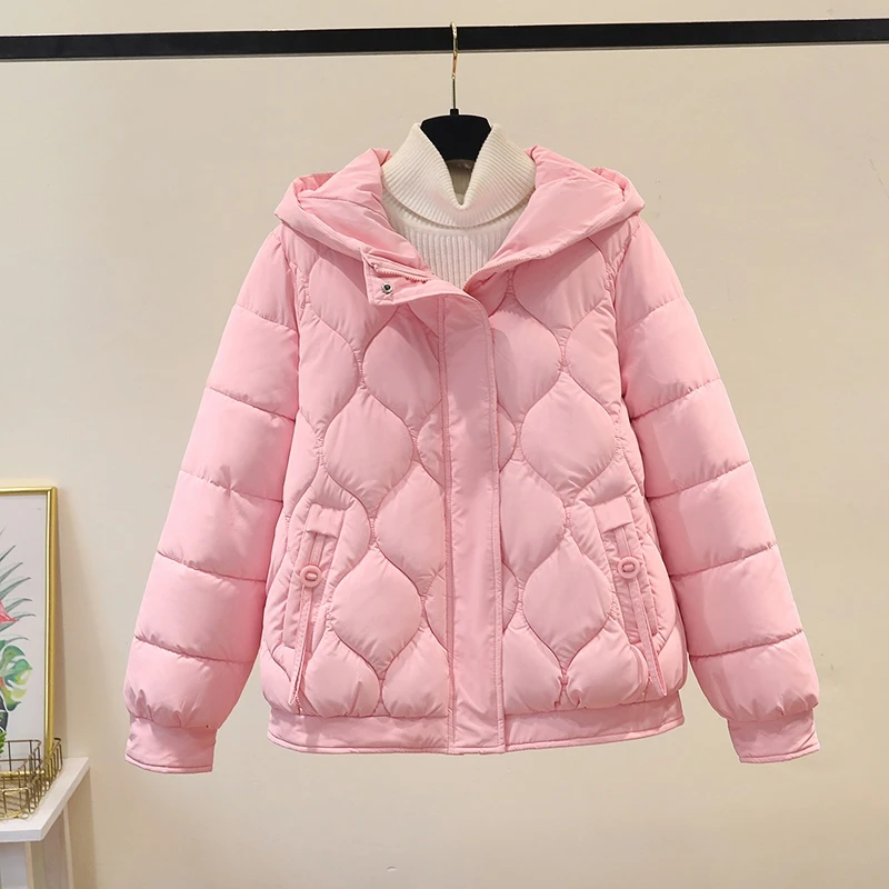 

Winter New ort Women's Cotton Jaet Hooded Quilted Coat Warm Diamond Patterned Korean Sle Large Size Bread Clothes
