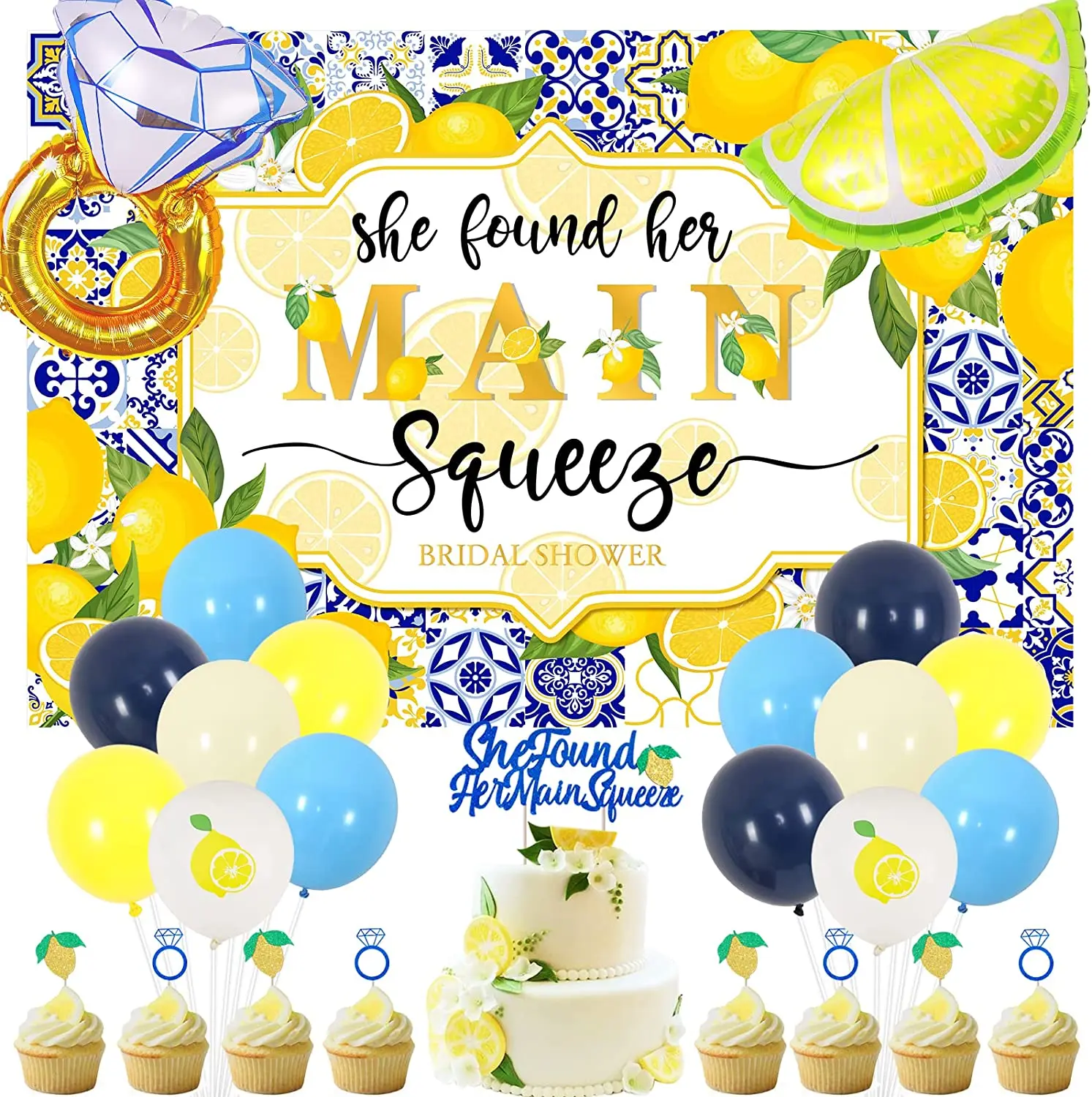 

Lemonade Bridal Shower Decorations She Found Her Main Squeeze Backdrop Cake Topper Lemon Balloons Bachelorette Party Supplies