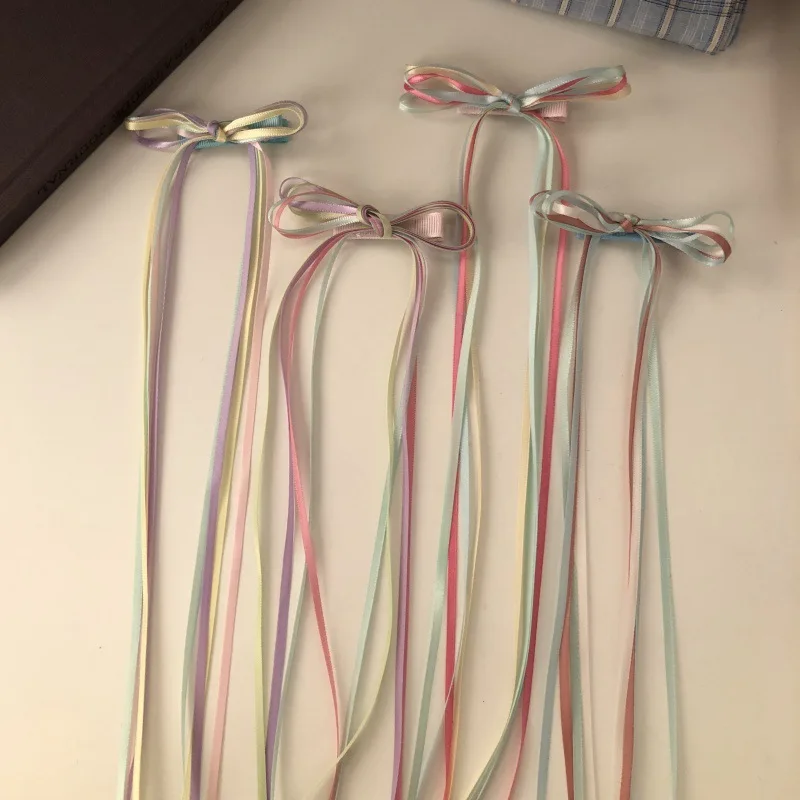 2pcs Super Fairy Double Layer Bow Ribbon Hairpin Girls Sweet Bangs Side Clip Tassel Float Hairpin Sweet Duckbill Clip Headpiece