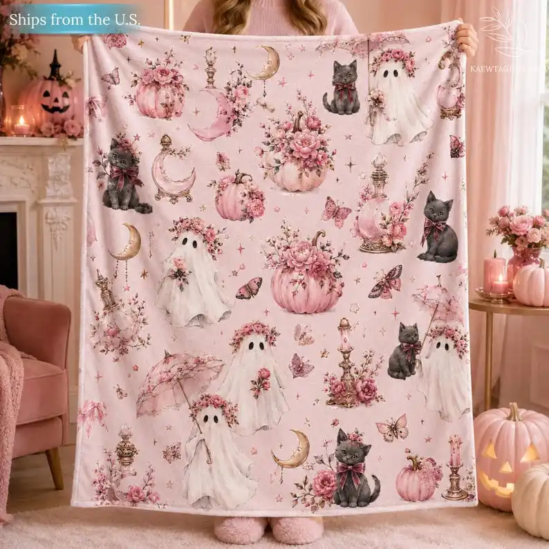 Pink Halloween Blanket, Ghost Black Cat Pumpkin Throw, Cute Floral Spooky Blanket, Cottagecore Fall Decor, Kawaii Halloween Gift