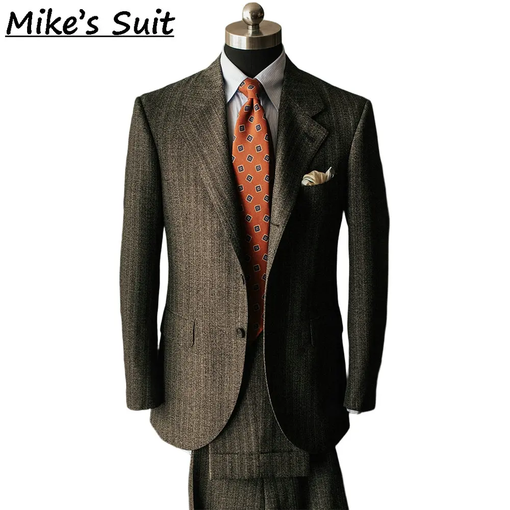 Men Notch Lapel Single Breasted 2 Piece Suit, Dark Gray Stripe Multi Fleck Tweed Fabric, Business Country Wedding Jacket & Pants