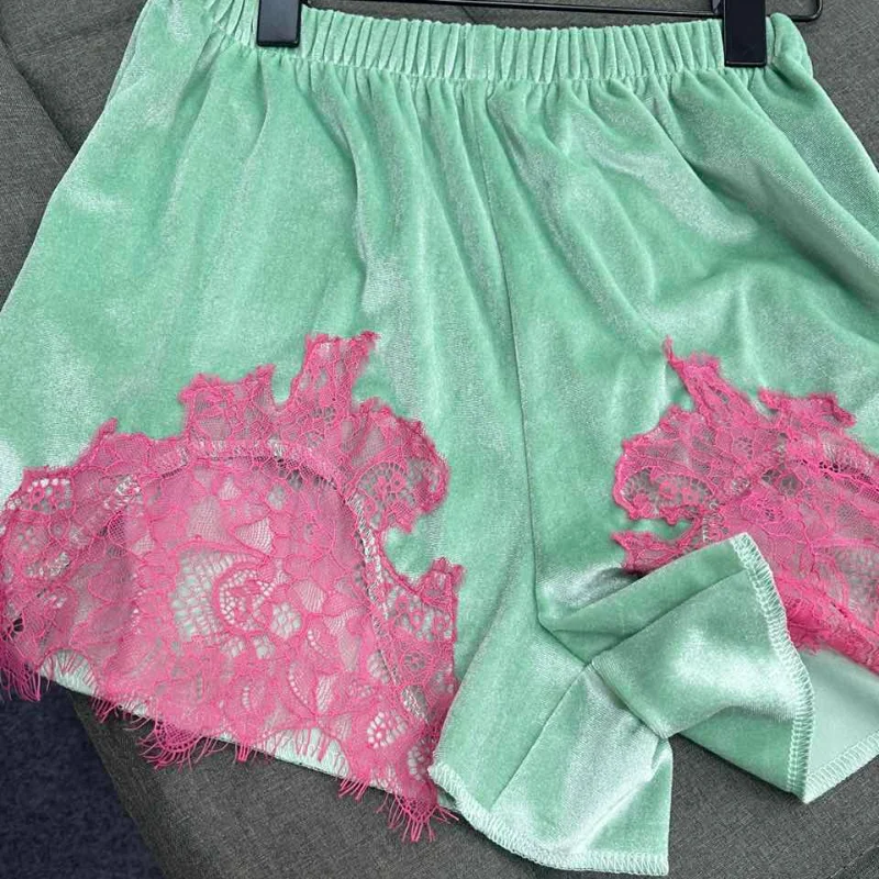 High Street Mint Green Velvet Shorts With Patchwork Lace Trim Paneled Elastic Waist Trousers Women Chic Edgy 2026 Summer Outfits