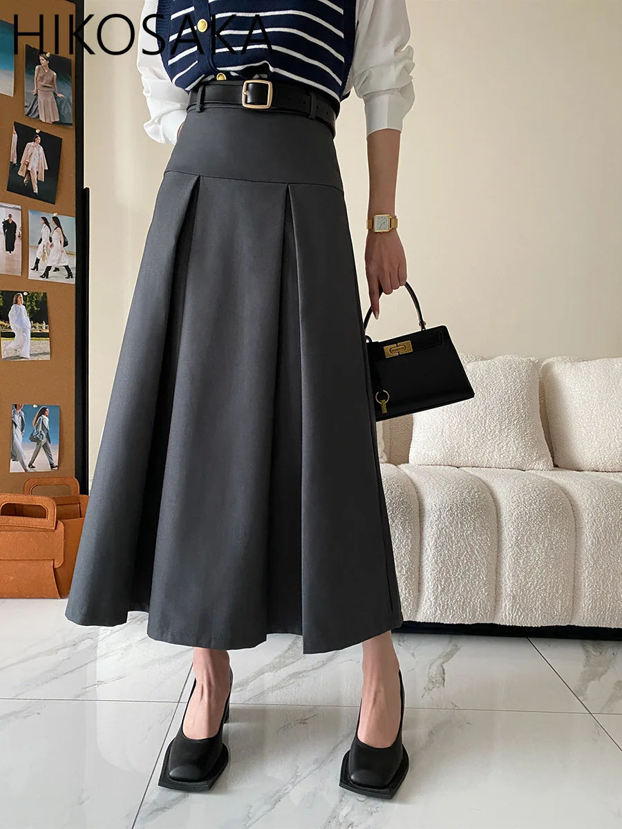 

Korean Chic High Wasit Pleated Long Skirts Solid All-match Elegant A-line Jupe Female 2024 Autumn New Solid Faldas Mujer Moda