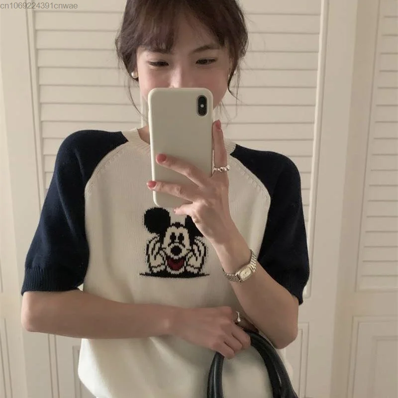 Disney Mickey Mouse Embroidered Knit Sweater Summer Short Sleeved Tshirt Women Korean Style Popular Clothes 2000s Aesthetic Tops