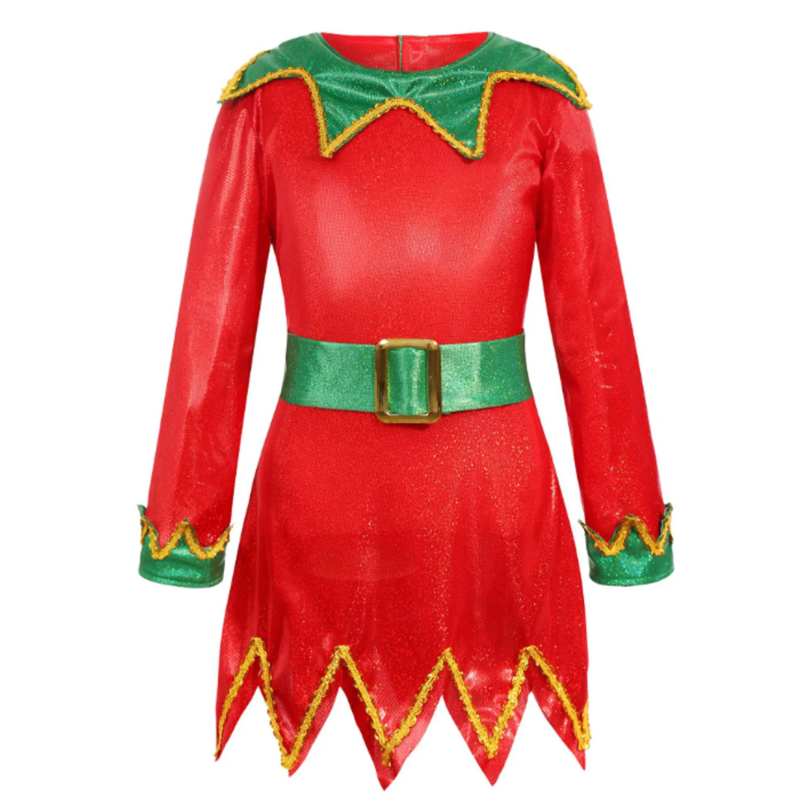 Girls Elf Christmas Costume Fancy Dress Up Outfit Long Sleeve Zipper Jagged Hem Dress Xmas Hat Stripe Socking And Shoes Set #3