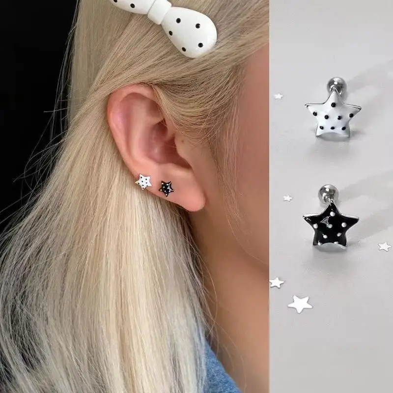1 Pair Cute Polka Dot Star Stud Earrings Hypoallergenic Screw Backs For Daily Wear Casual Outings Jewelry