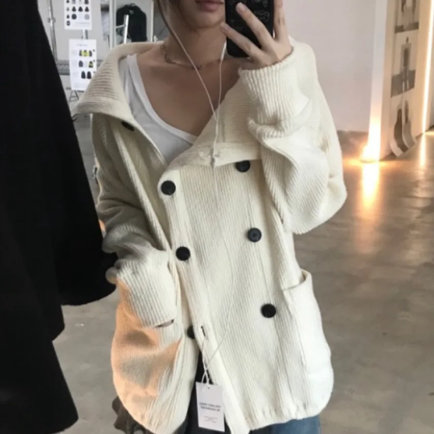 Korean Style Pure Color Double Button Cotton Ribbed Cardigan Stand Collar Design Women's Outerwear Casual Long Sleeve Coat