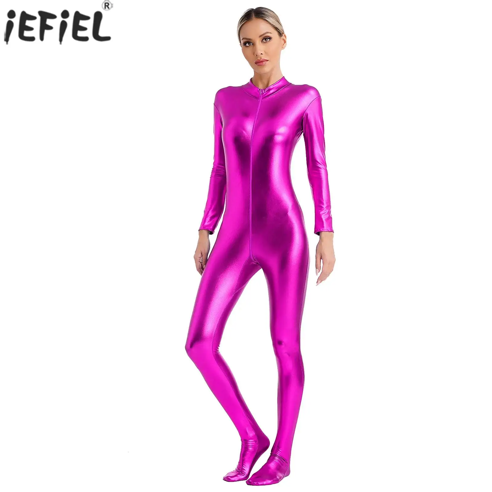 Women Shiny Performance Jumpsuit Long Sleeve Full Body Bodysuit for Screen Accessory Stage Performance Pole Dancing Costumes