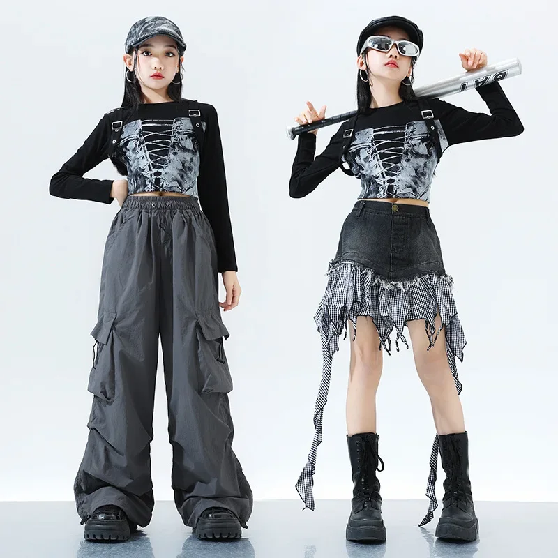 Hip-hop Stage Costume Old Ripped Denim Skirt American Street Beggar Pants Summer Brown Blouse and Brown Denim Skirt Jazz Dance