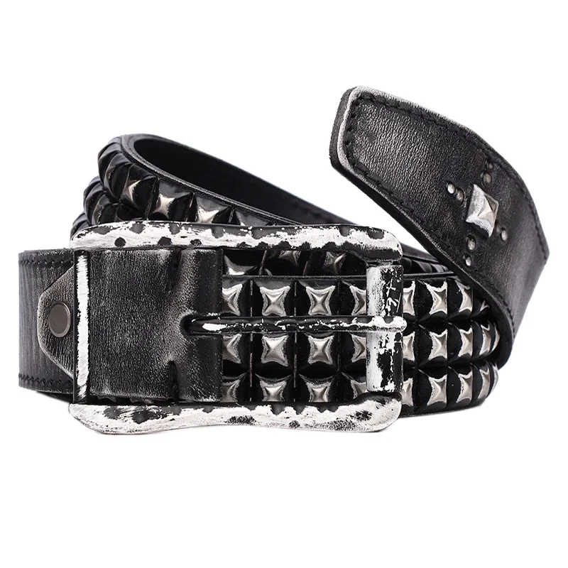 3.8cm Rock Rivet Punk Men Belt Genuine Leather Belt Alloy Buckle Male Cowboy Strap Ceinture Homme Riem Jean Studded Western Belt