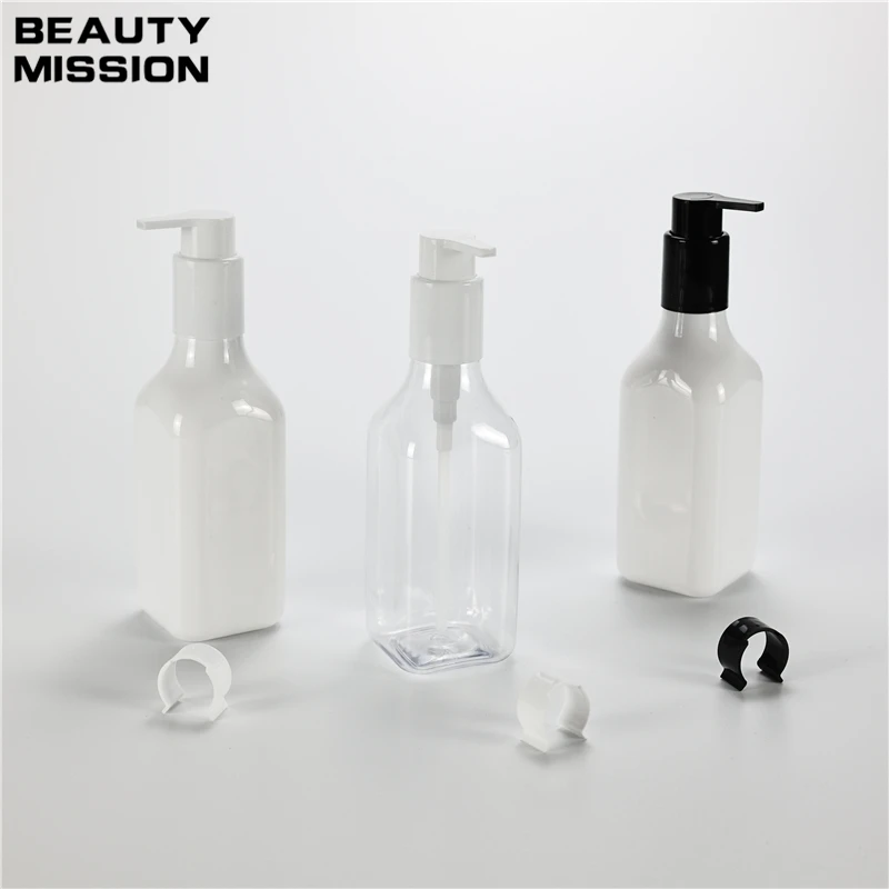 

Clear White 250ML X 25 Liquid Soap Square Bottle With Plastic Lotion Pump Shampoo Shower Gel Travel Size PET Packaging Container