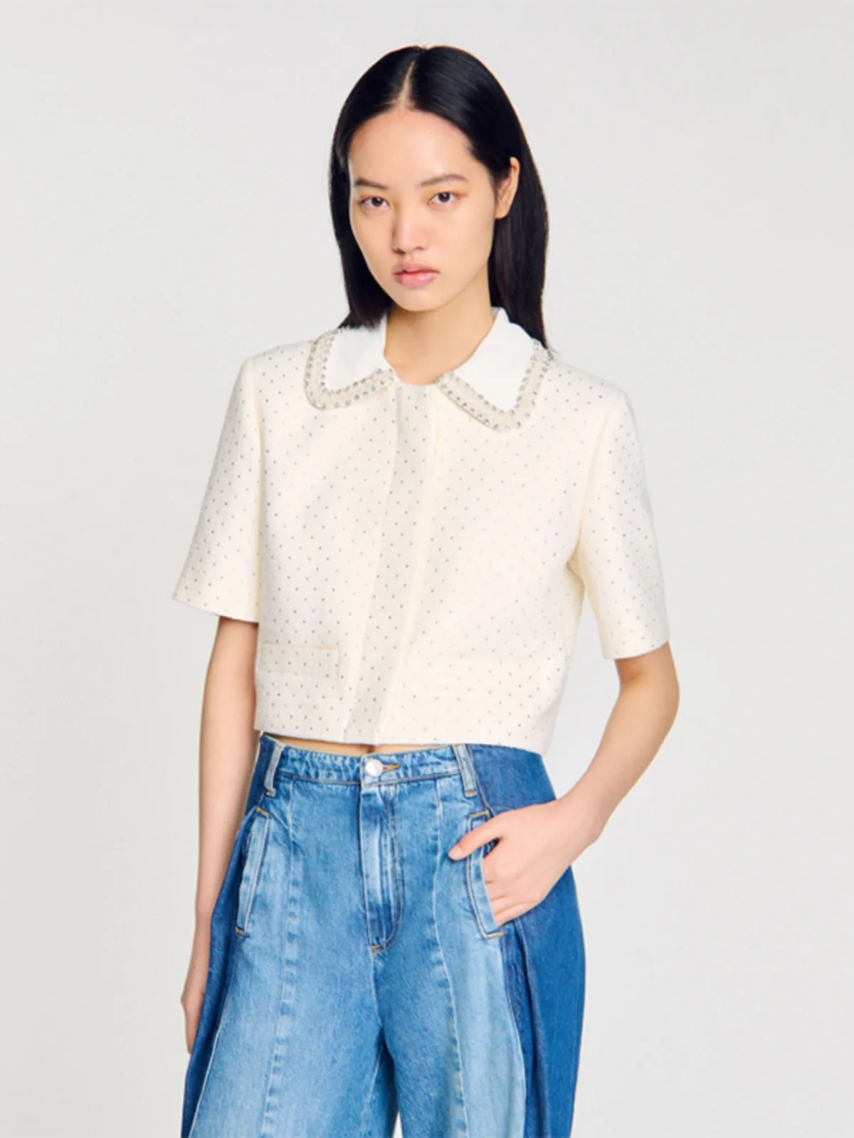 

Женская куртка MaSande с воротником, украшенным стразами, новинка ранней весны, для повседневной носки, прямого кроя, производство Китай