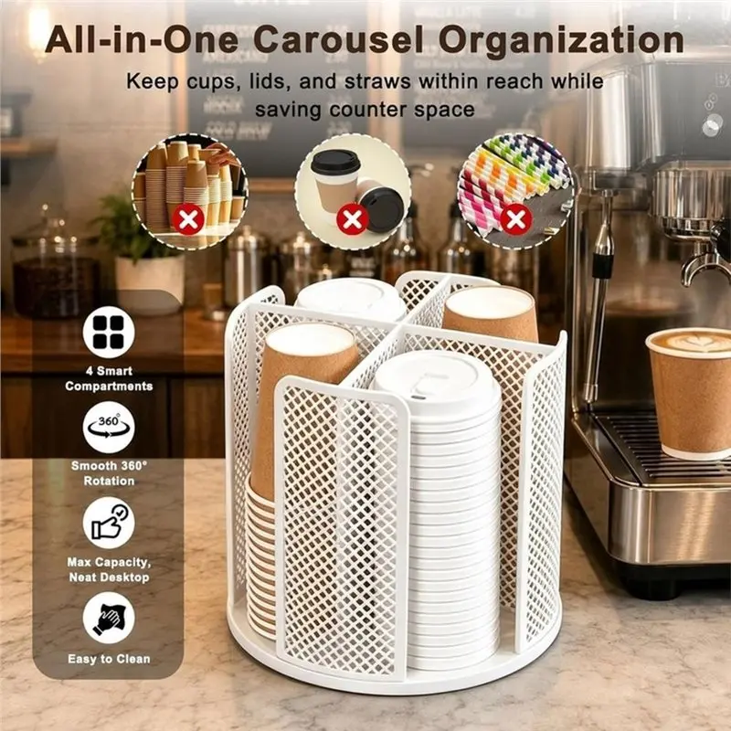 PORK-Smooth 360° Rotate Carousel,Fits 3Oz-22Oz Disposable Paper Cup Holde, Desktop Storage Organizer For Coffee Station,1PC