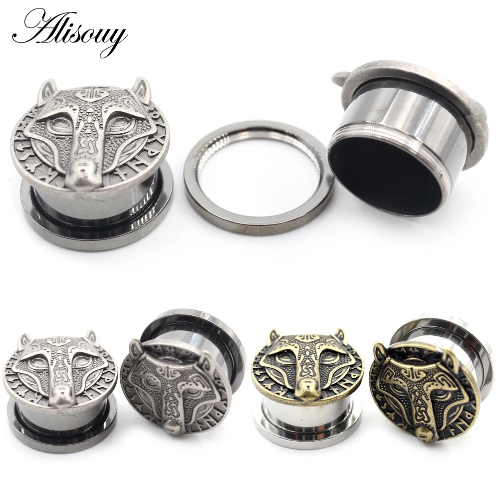 Alisouy 2PCS 8mm-25mm Retro Stainless Steel Bronze Fox Ear Tunnels Plugs Expander Stretcher Gauge Earrings Piercing Body Jewelry