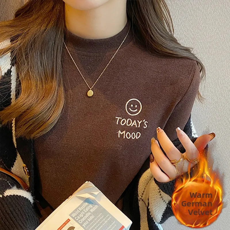 Double-Sided Embroidered Smile Face Thermal Long Sleeve T-Shirt Women's Base Layer Shirt Guangzhou Thirteenth Factory Velvet