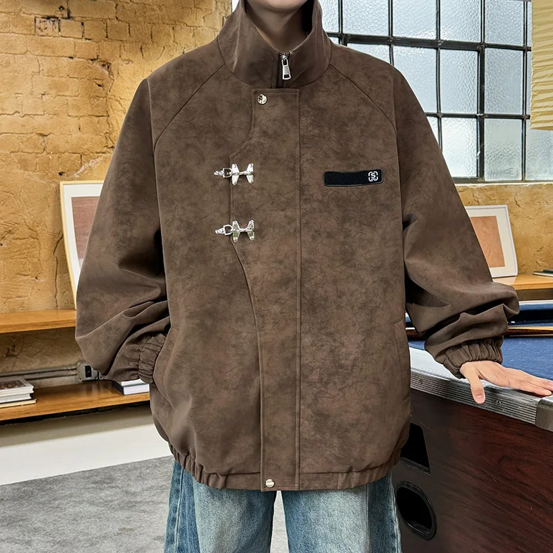 Spring New Vintage Men Faux Leather Jackets High Street Quality Plain Color Long Sleeve Men's Casual Jacket Loose Stand Collar