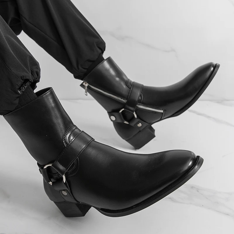 Autumn Fashion Brand Men Breathable Outdoor Cowboy Boots Classic Black Men Comfortable Side Zipper Pointed High Top Leather Shoe