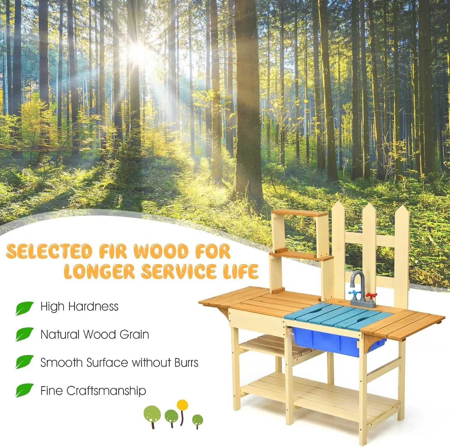 Kids Mud Kitchen Playset, Indoor Outdoor Wooden Pretend Play Toy Kitchen with Removable Sink, Simulated Faucet, Mud Kitchen for