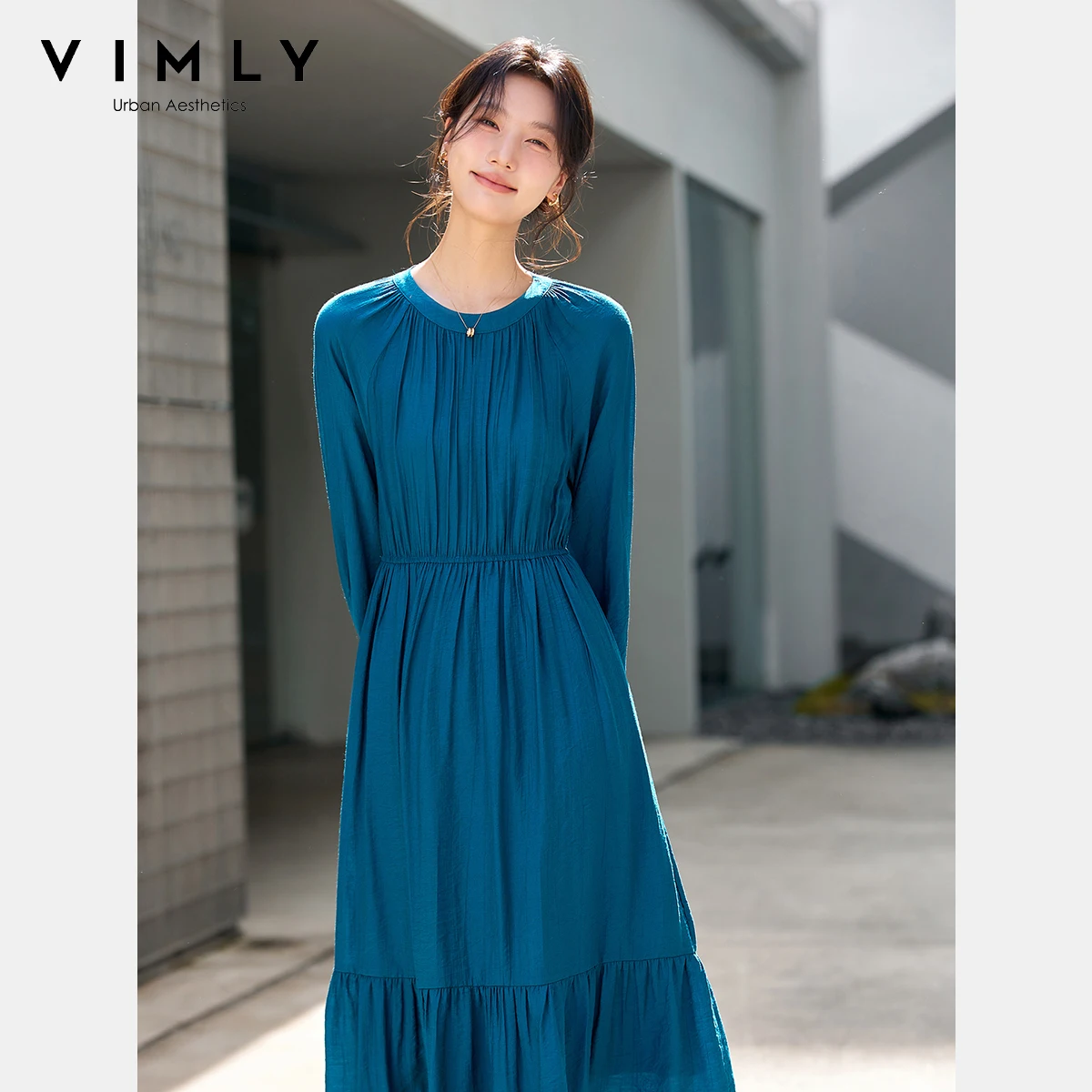 

VIMLY Long Blue Dresses Woman Elegant Party Ladies Dresses 2025 Autumn Casual Round Neck A-line Folds Female Loose Dress A2823