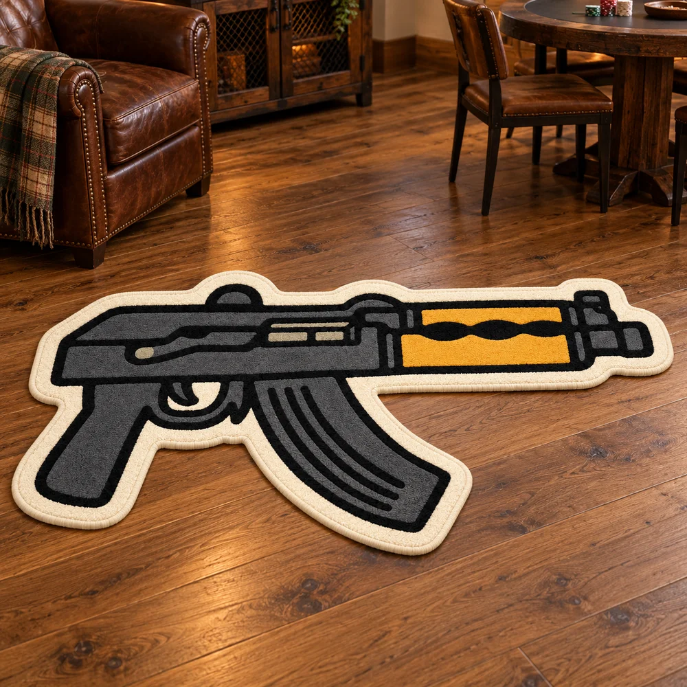 AK Cartoon Rifle Irregular Rug, Soft Flannel Non-Slip Floor Mat for Bedroom Game Room Man Cave Decor, Novelty Gift for Adults