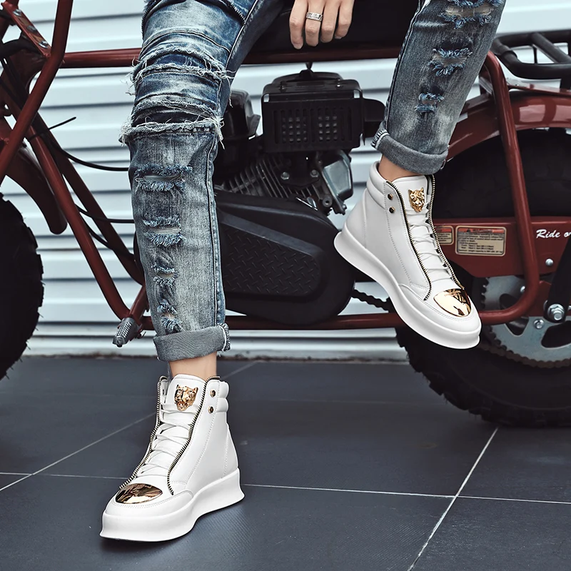 Fashion High Top Leather Men Shoes Casual Platform Sneakers Breathable White Skateboard Luxury Designer Shoes Botas Para Hombre