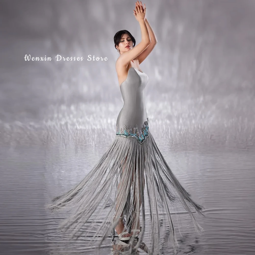 Silver Satin and Tassel Evening Dress Customized Strapless Sleeveless Celebrity Gowns Luxury Pearls Formal Occasion Gowns image 4
