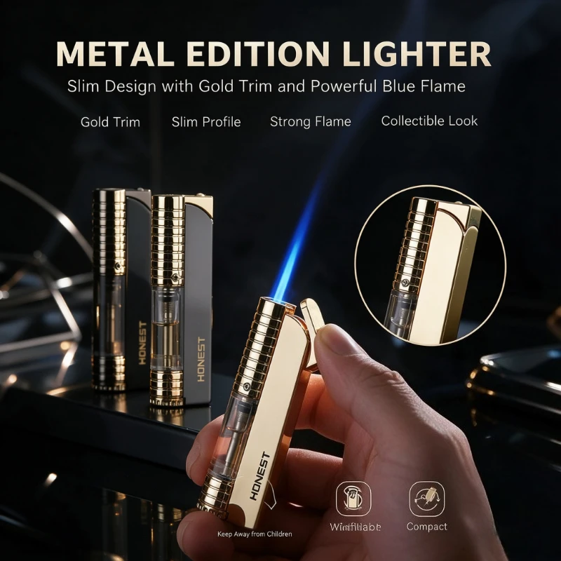 HONEST Portable Metal Turbo Torch Lighter for Outdoor Use, Windproof Design, Visible Gas Window to Show Stable Blue Flame